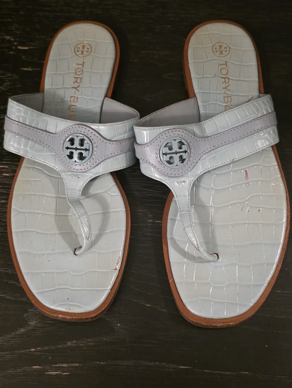 Tory Burch Pale Blue Croc-Embossed Thong Sandals with Logo Medallion